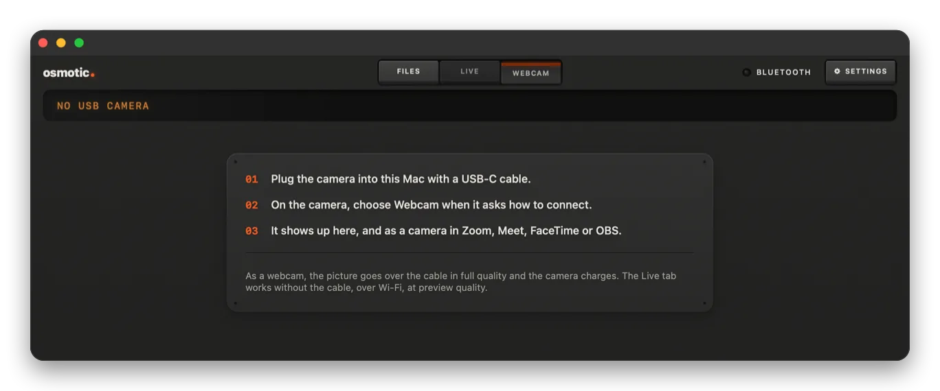 Webcam tab: three numbered steps to use the camera as a USB webcam