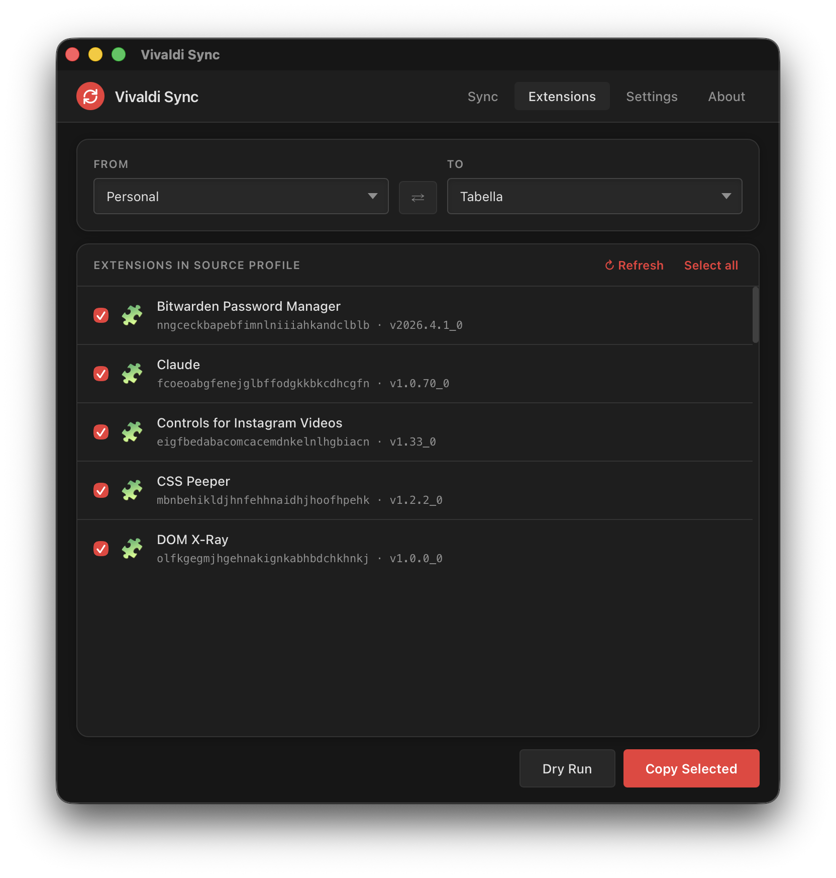 Extensions tab