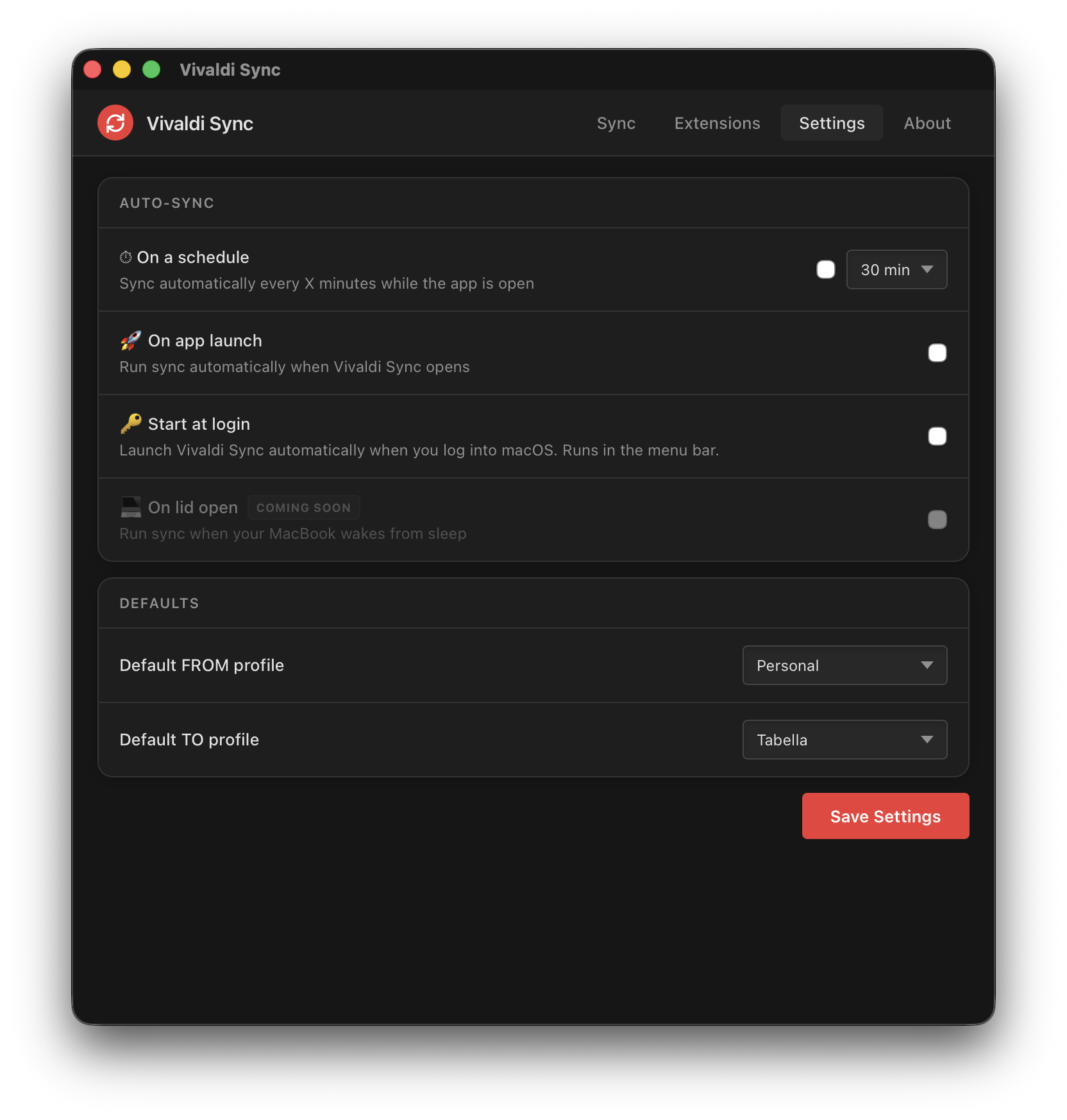 Settings tab