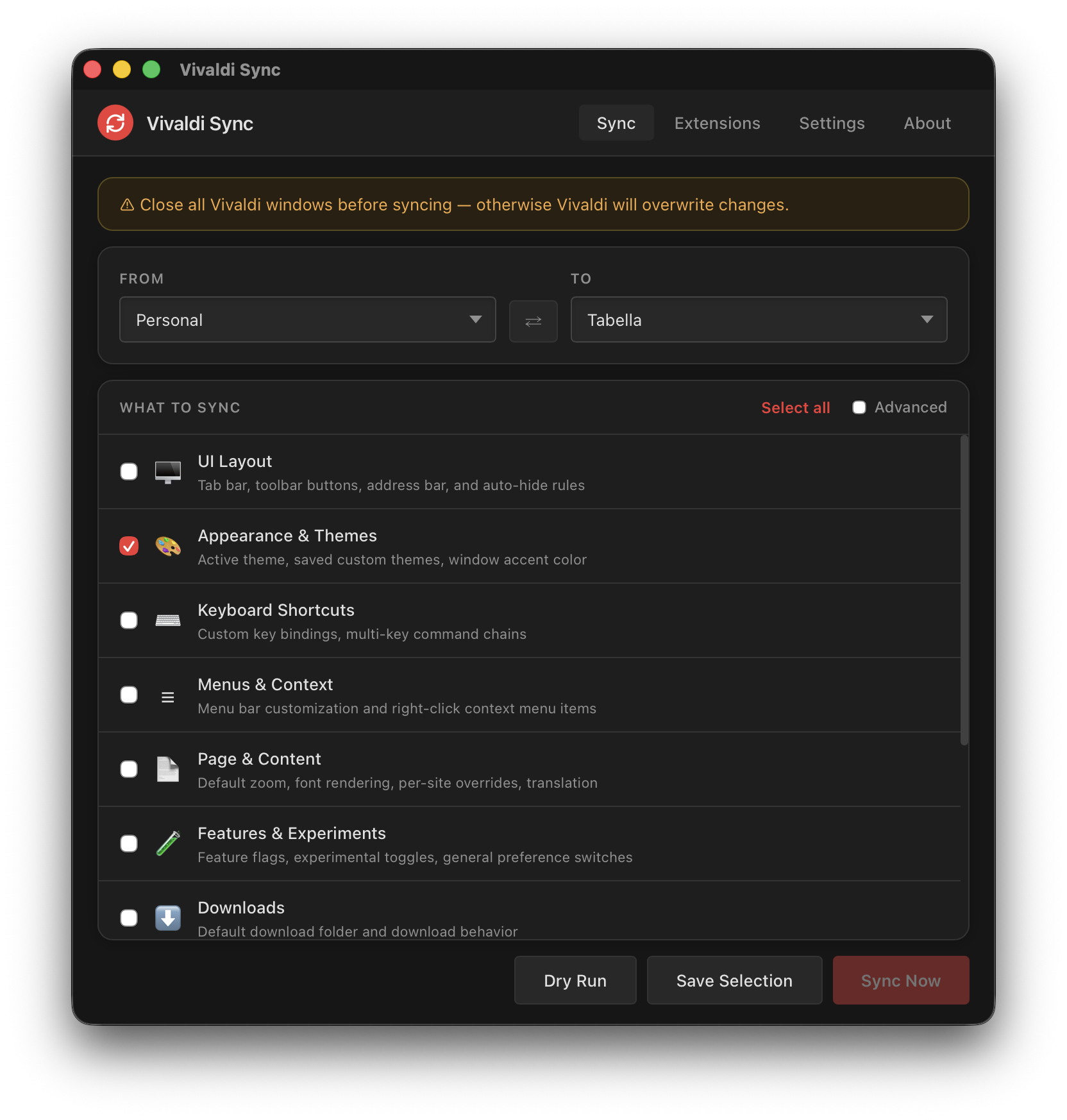 Vivaldi Sync — Sync tab
